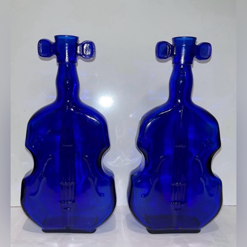 Vintage Violin Shape Decanter Bottles Vases Cobalt Blue Glass 8” T Multiple